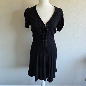 REFORMATION Fit & Flare Black Dress Shoelace Tie Short Sleeve Back Zip Size 2
